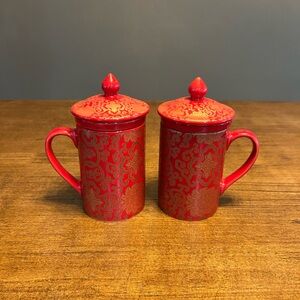 Pottery Barn Chinoiserie Red and Gold Patterned Tea Mugs with Lids “Tea for One”